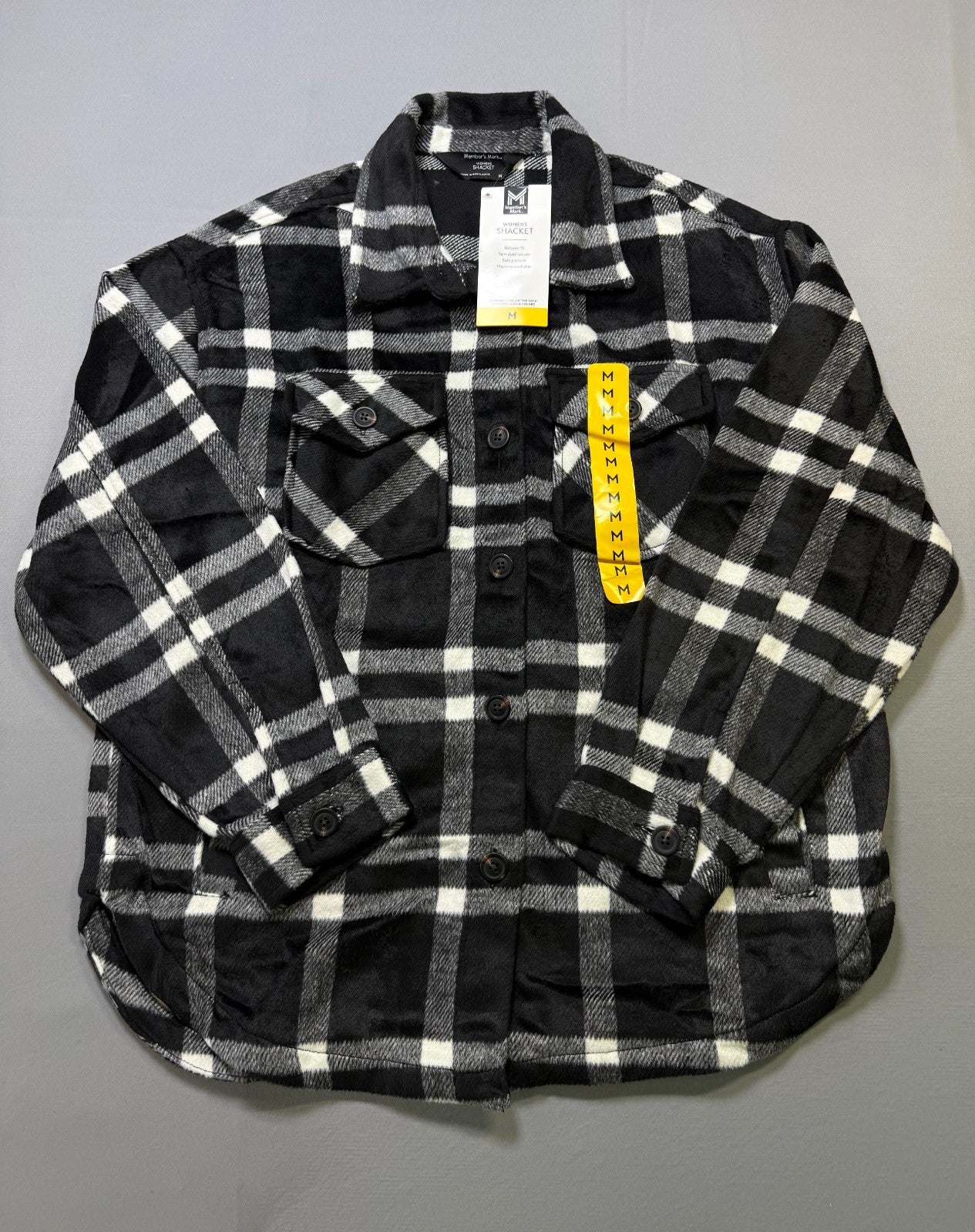 NWT Member's Mark Button-Front Plaid Shacket Women's Medium Black/White Pockets