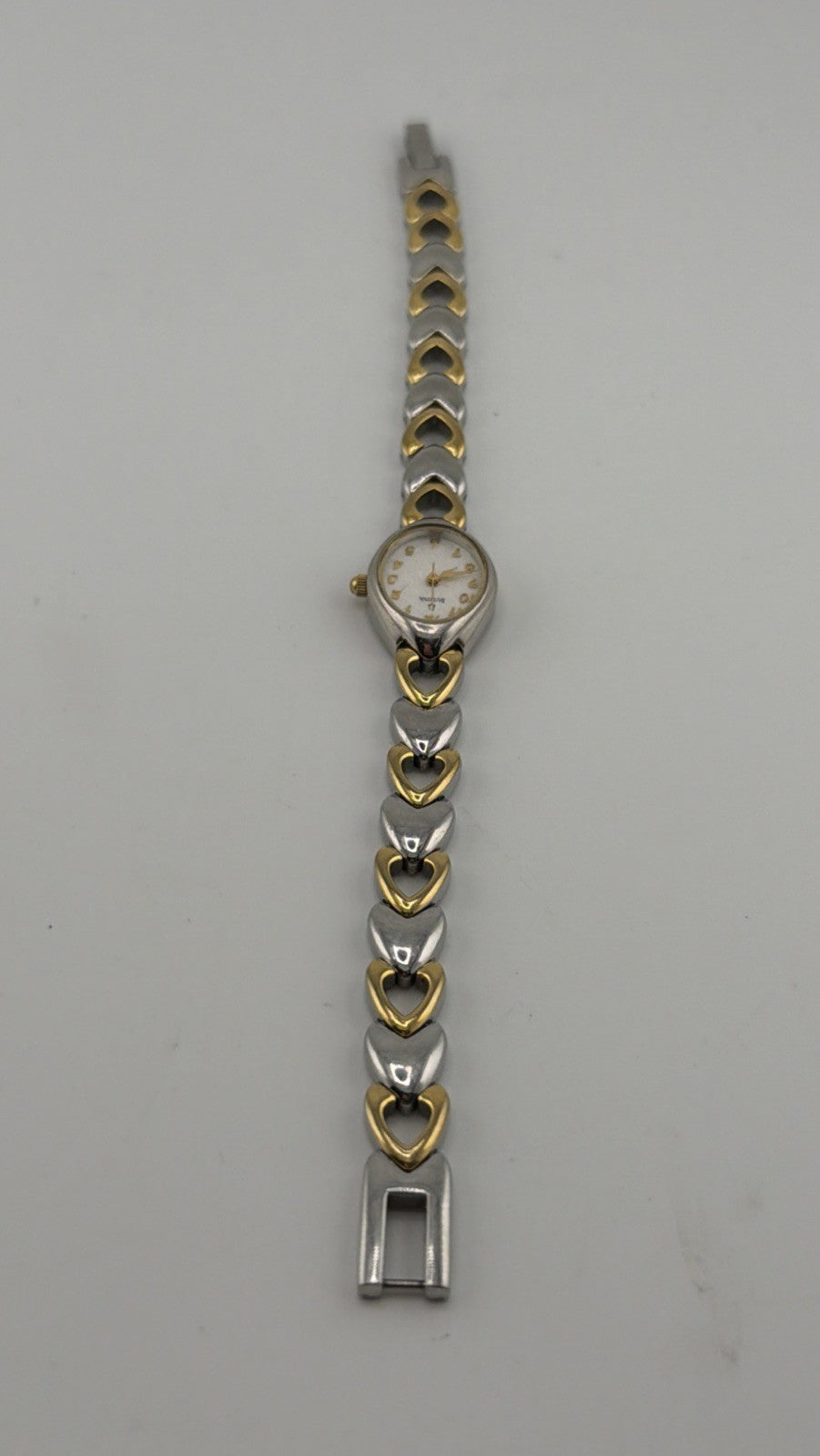 Bulova Womens Two Tone Heart Link Bracelet Quartz Watch Oval Dial