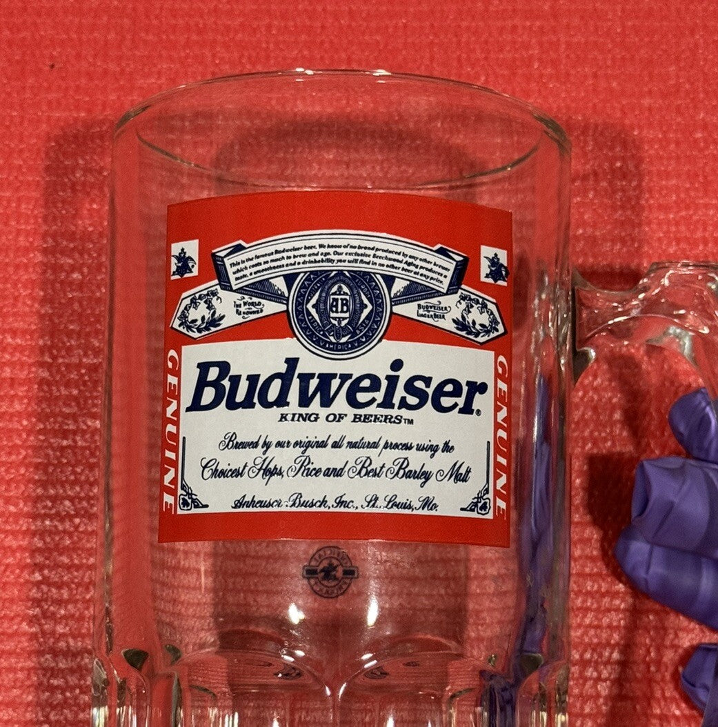 Vintage NEW 1997 Budweiser Anheuser Busch Beer Mug Heavy Glass 8” Tall