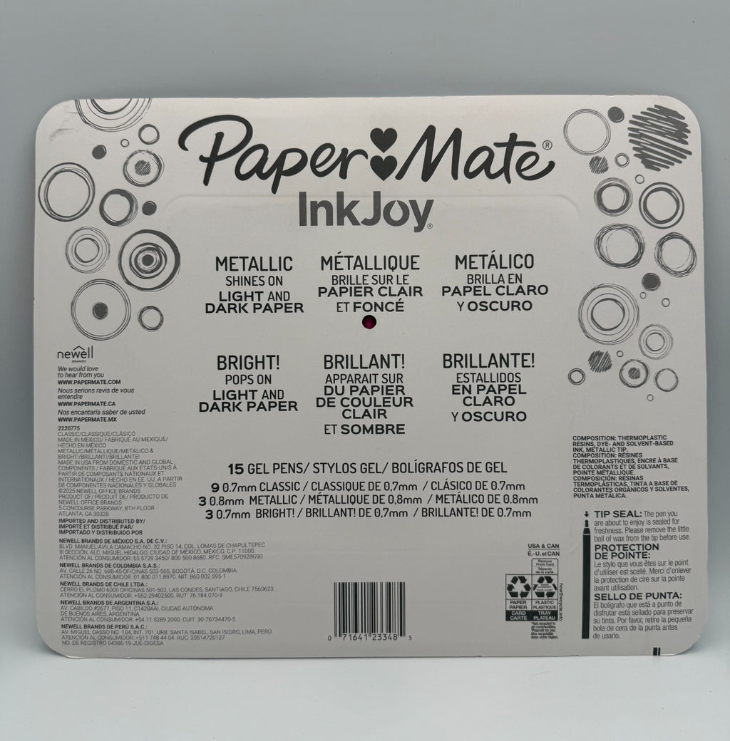 Paper Mate InkJoy Gel Pens Assorted Colors 0.7mm Medium 0.8mm Metallic - 15 Pack