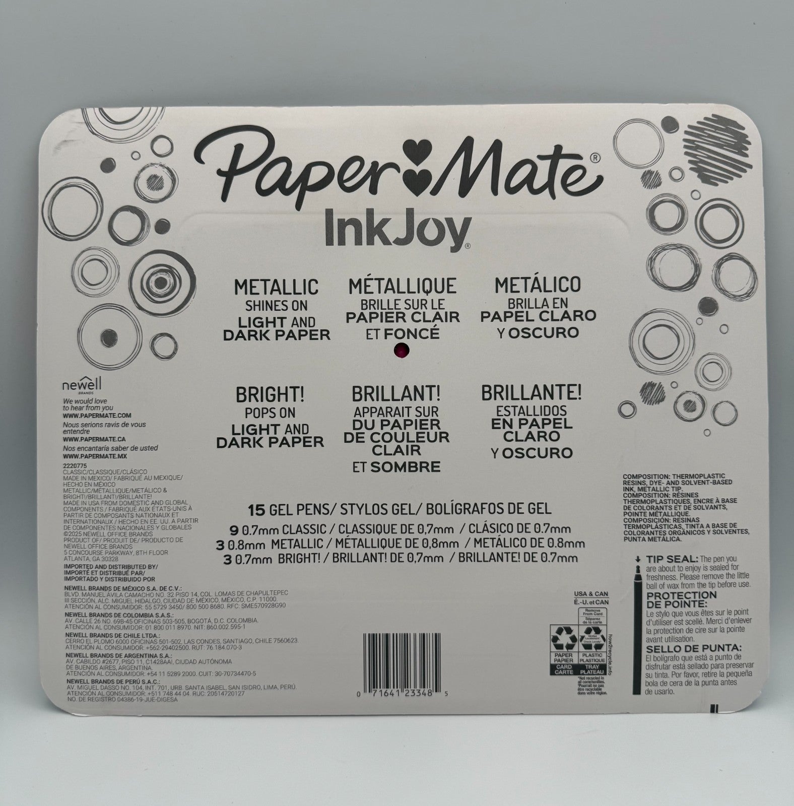 Paper Mate InkJoy Gel Pens Assorted Colors 0.7mm Medium 0.8mm Metallic - 15 Pack