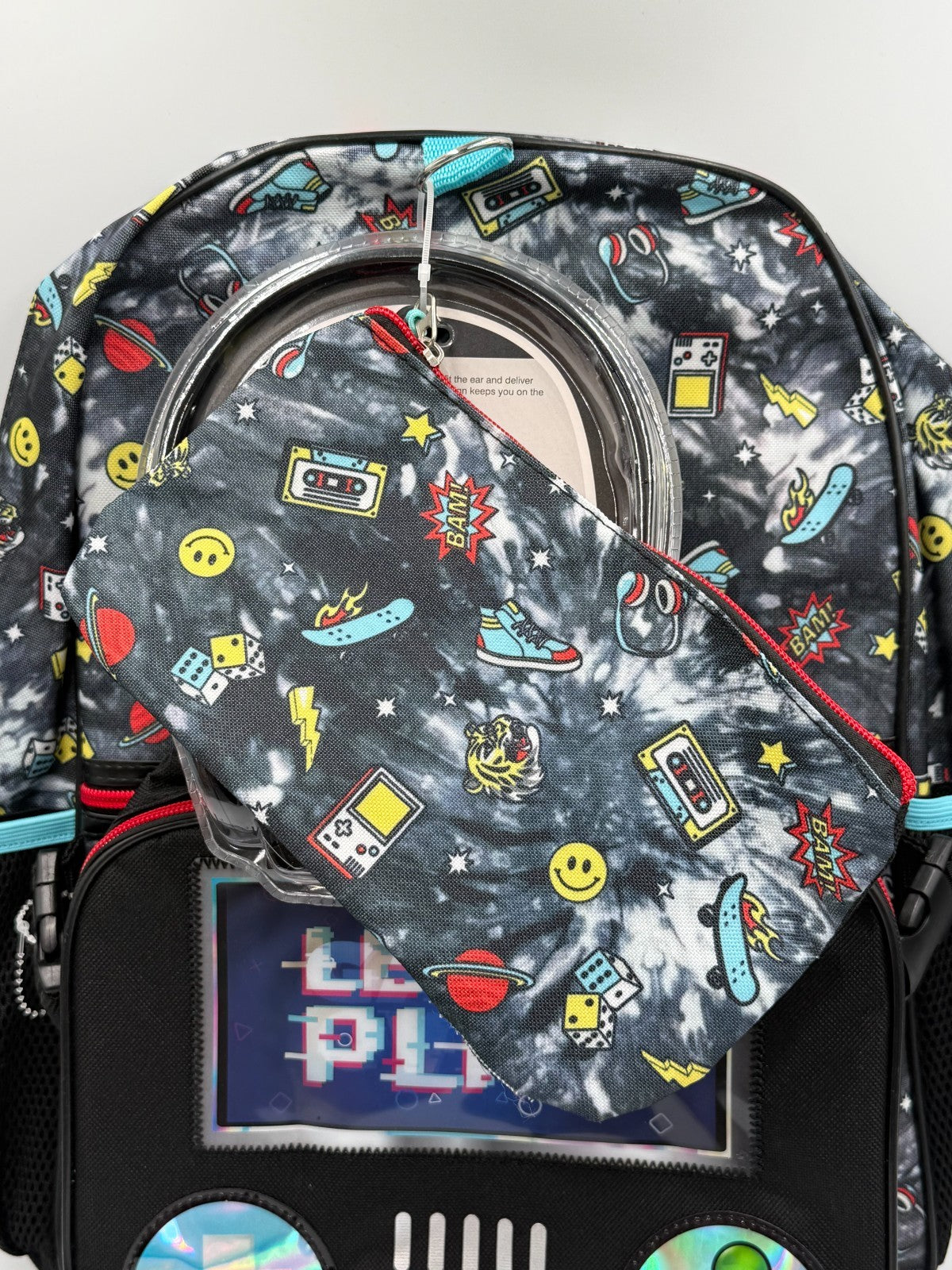 Locker Club Kids Gamer School Backpack Let's Play Controller Print W/Headphones