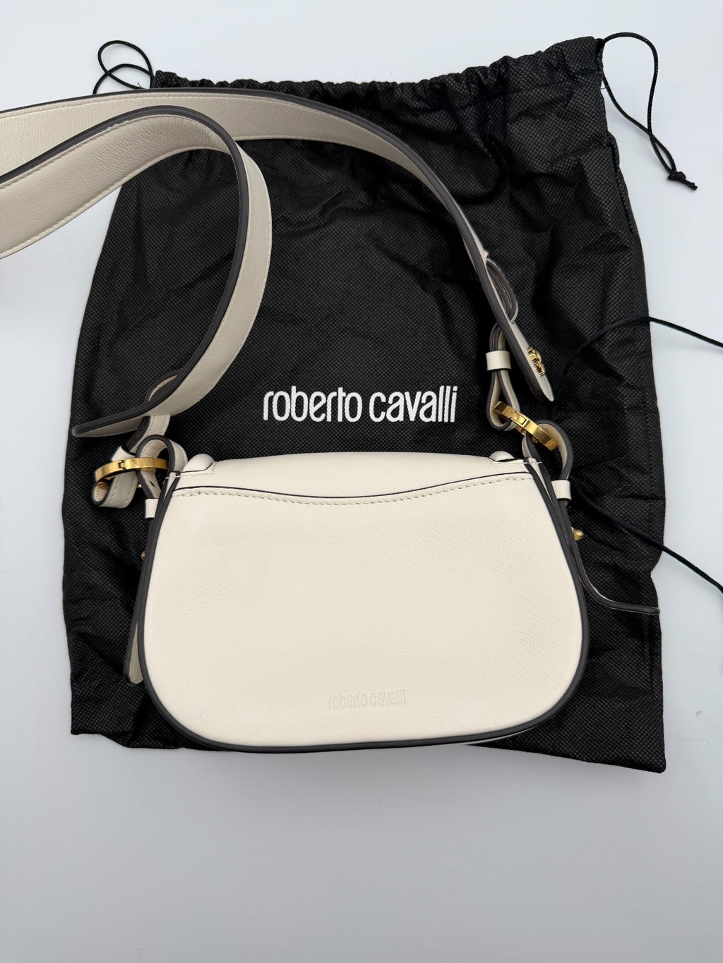 Vintage Roberto Cavalli Fang Bang Shoulder Bag Womens White Small Saddle Luxury