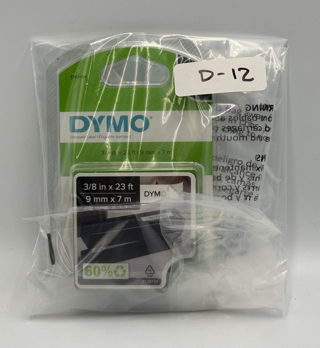New DYMO D1 1761554 Standard Label Tape Black on White - 9mm 3/8" x 23ft