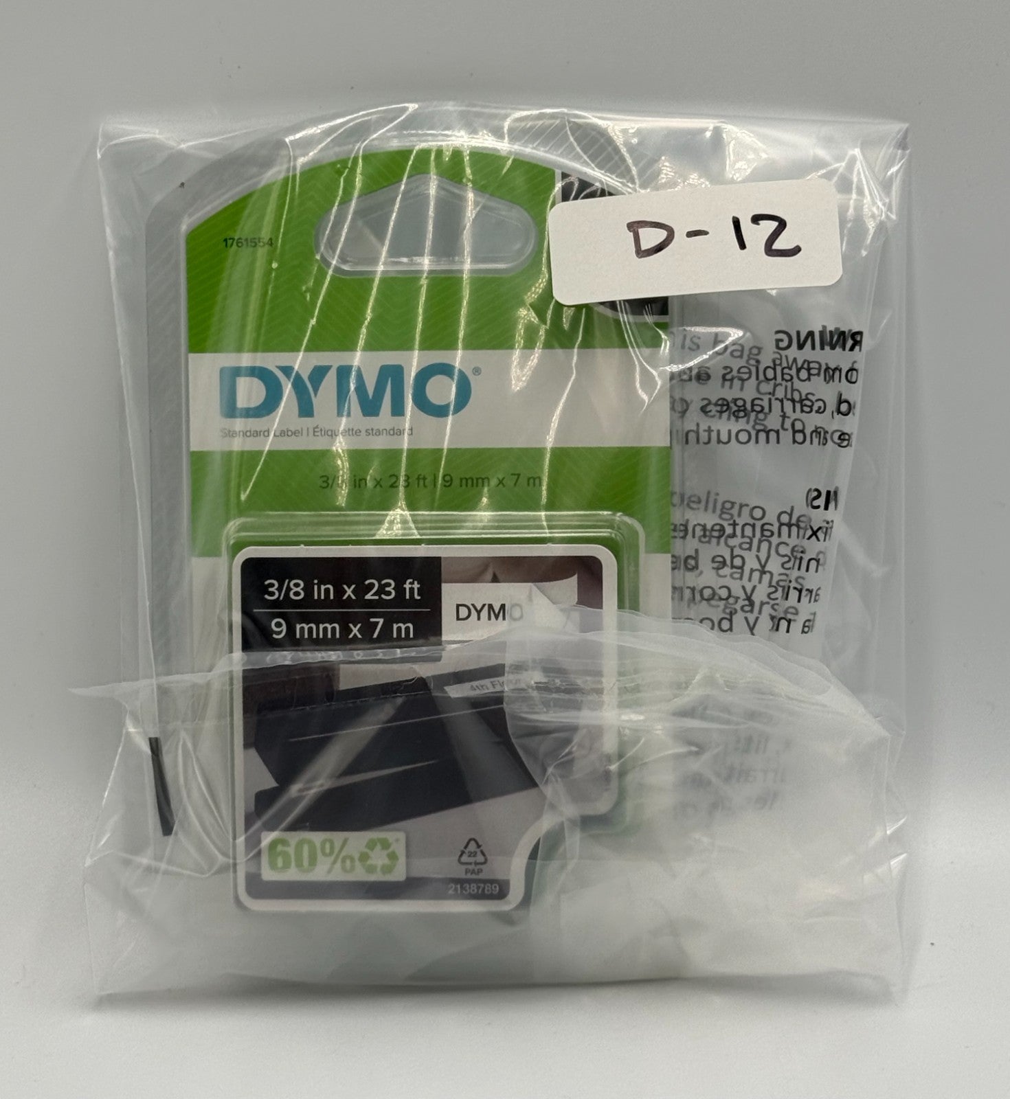 New DYMO D1 1761554 Standard Label Tape Black on White - 9mm 3/8" x 23ft