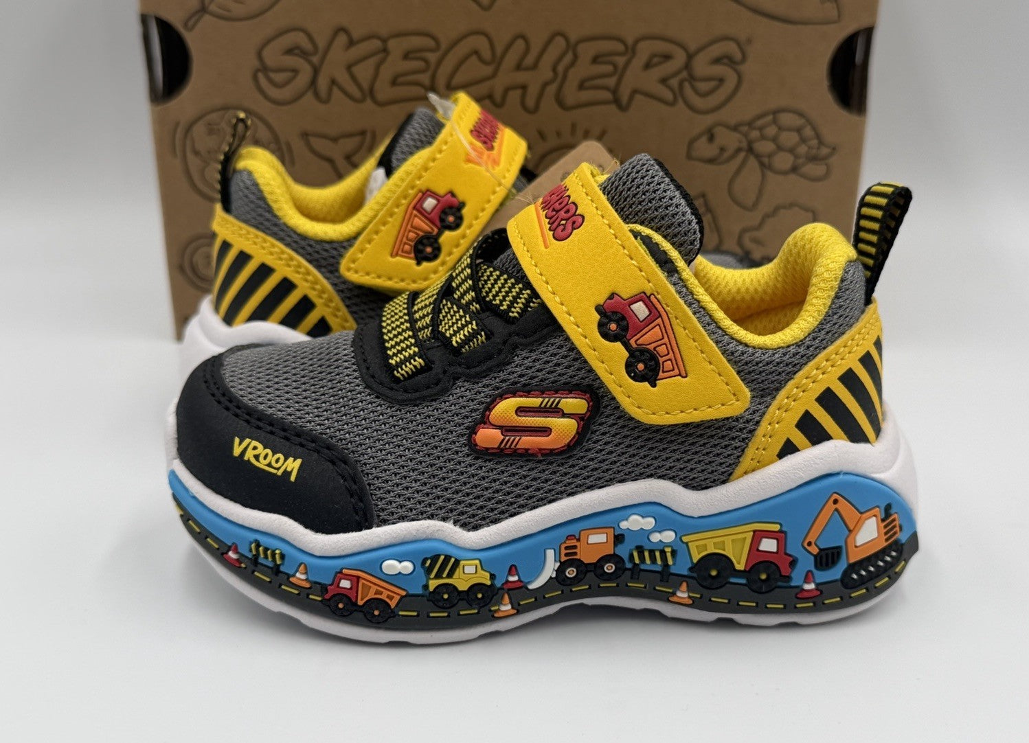 NEW Sketchers Vroom Sneakers Toddler Boys Size 5 Gray Yellow Construction Trucks