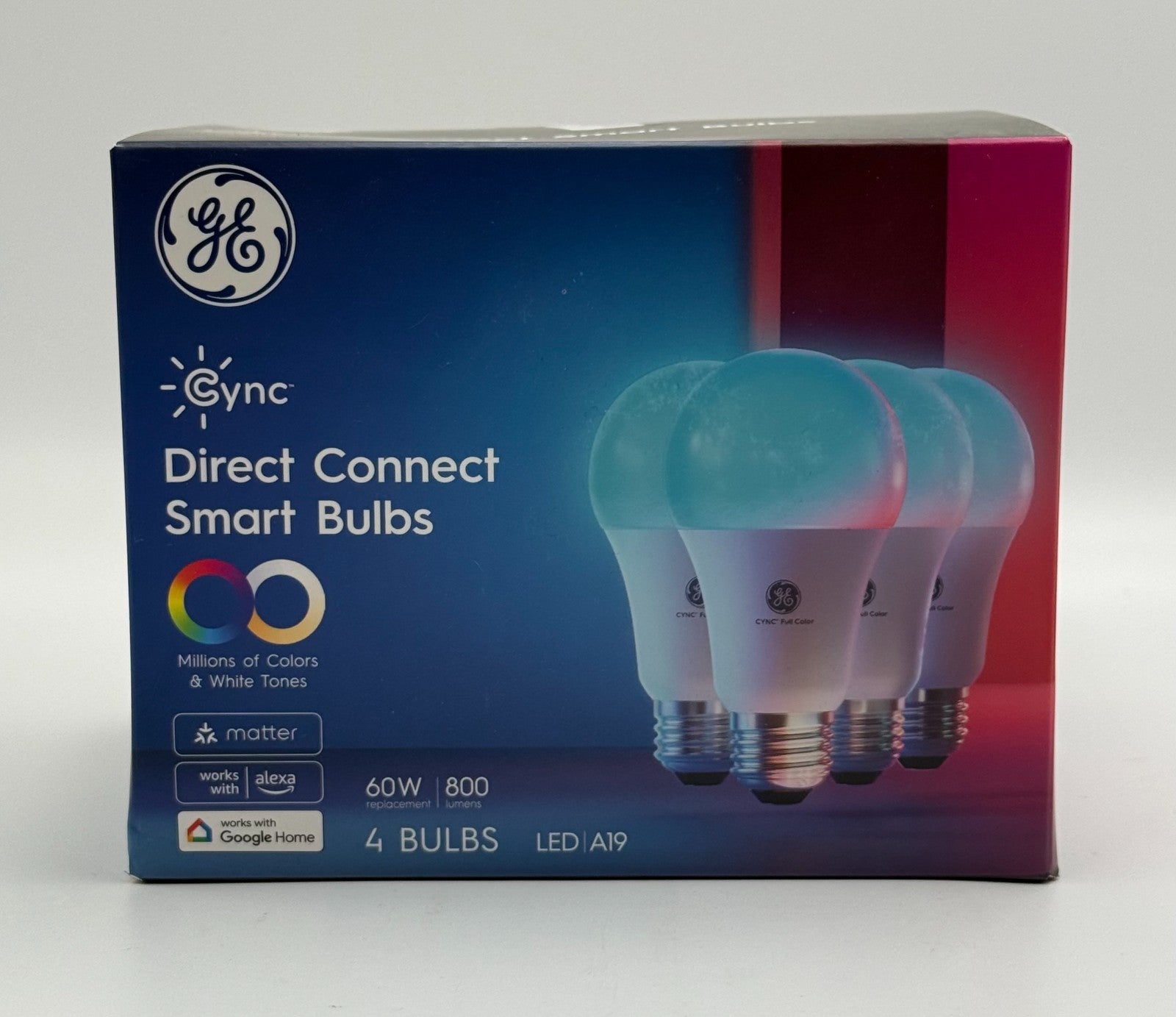 New GE Cync A19 Smart Light LED Bulbs 60W Direct Connect Full Color - 4 Of Pack