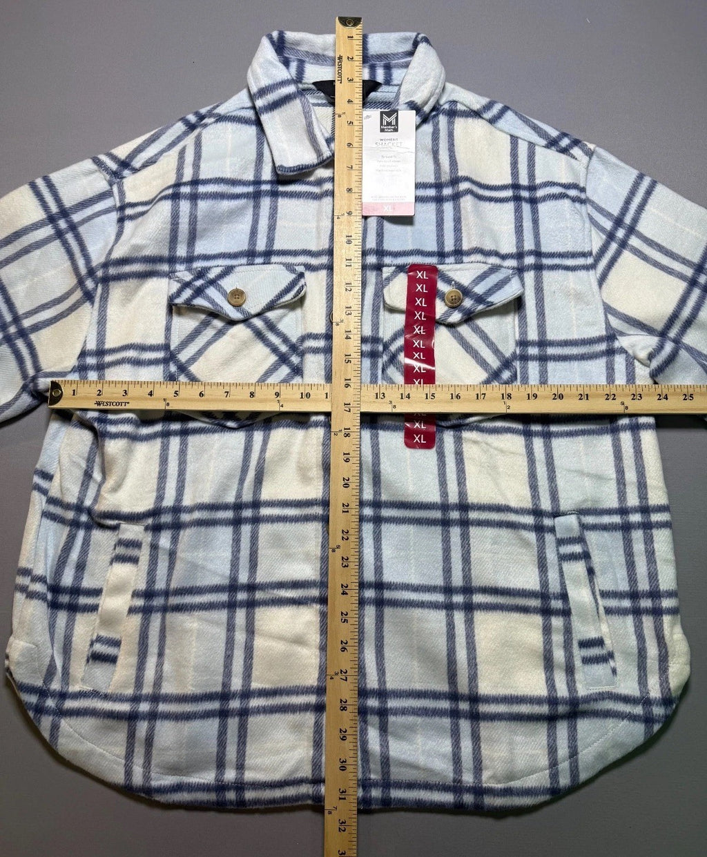 NWT Member's Mark Button-Front Plaid Shacket Women's XL Blue/White Flap Pockets