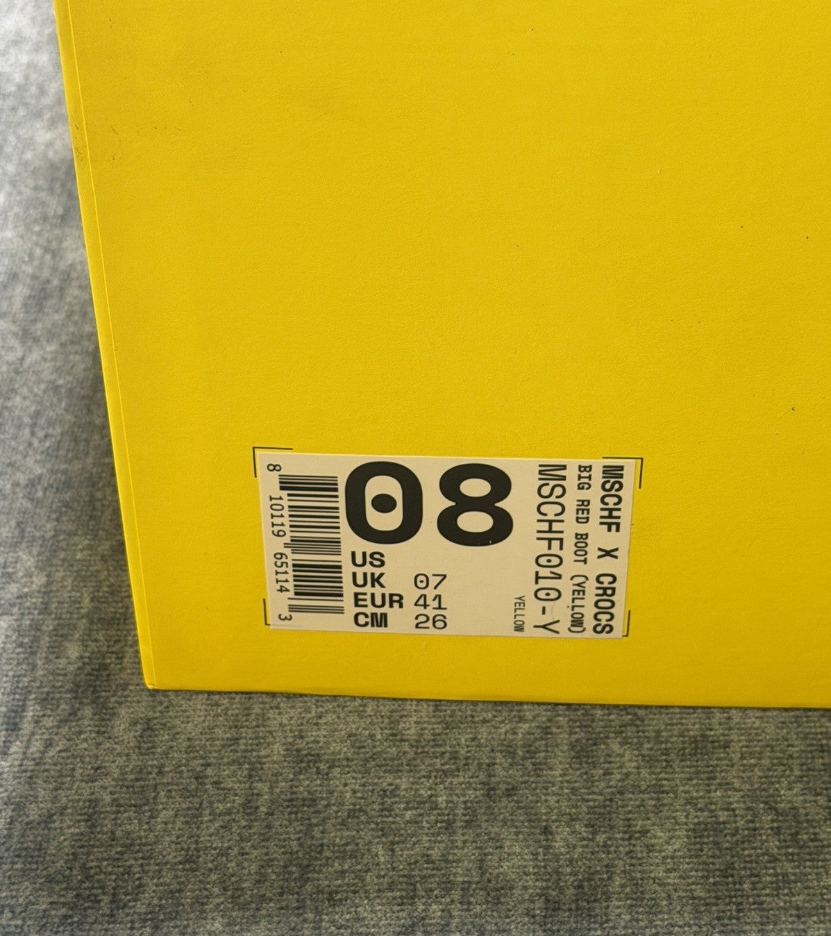 MSCHF X CROCS BIG YELLOW BOOTS CROCS SIZE 8 NEW WITH BOX