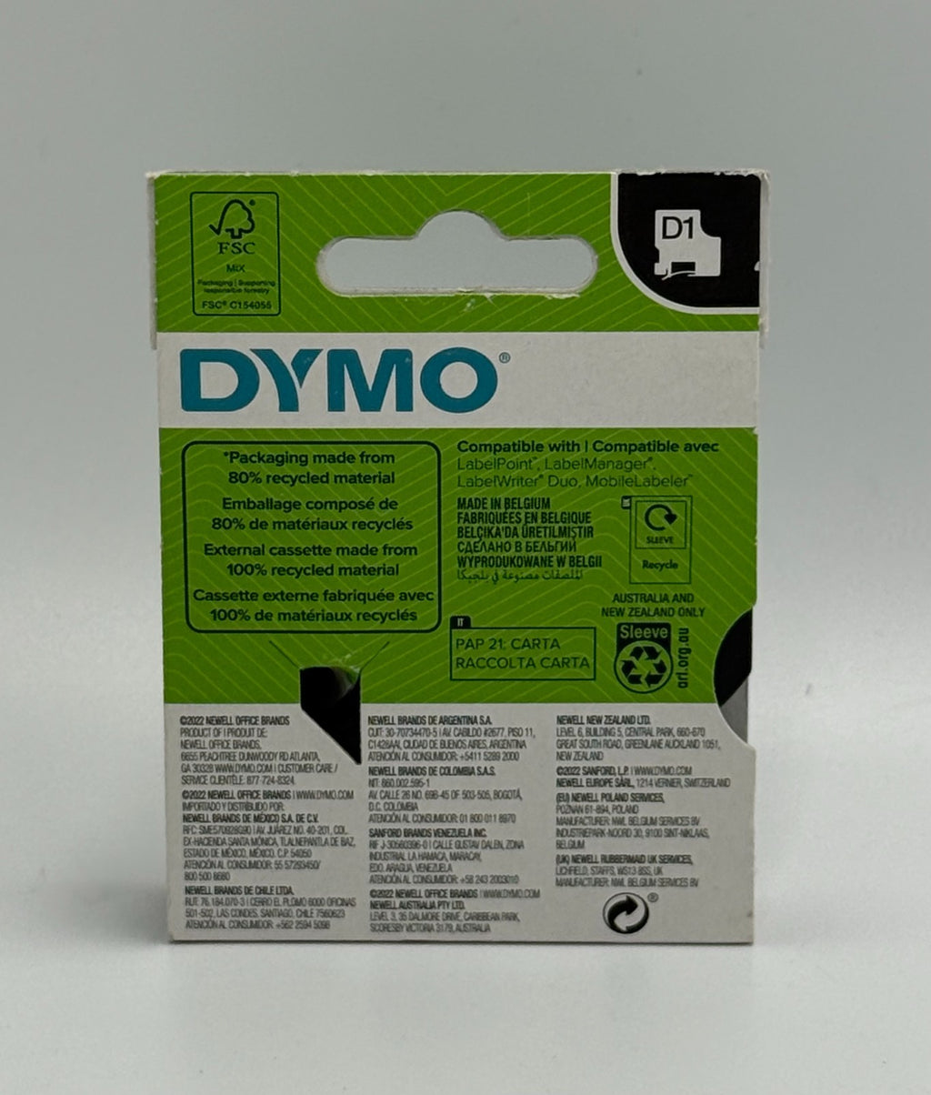 New DYMO D1 45020 S0720600 Standard Label Tape White on Clear - 12mm 1/2" x 23ft