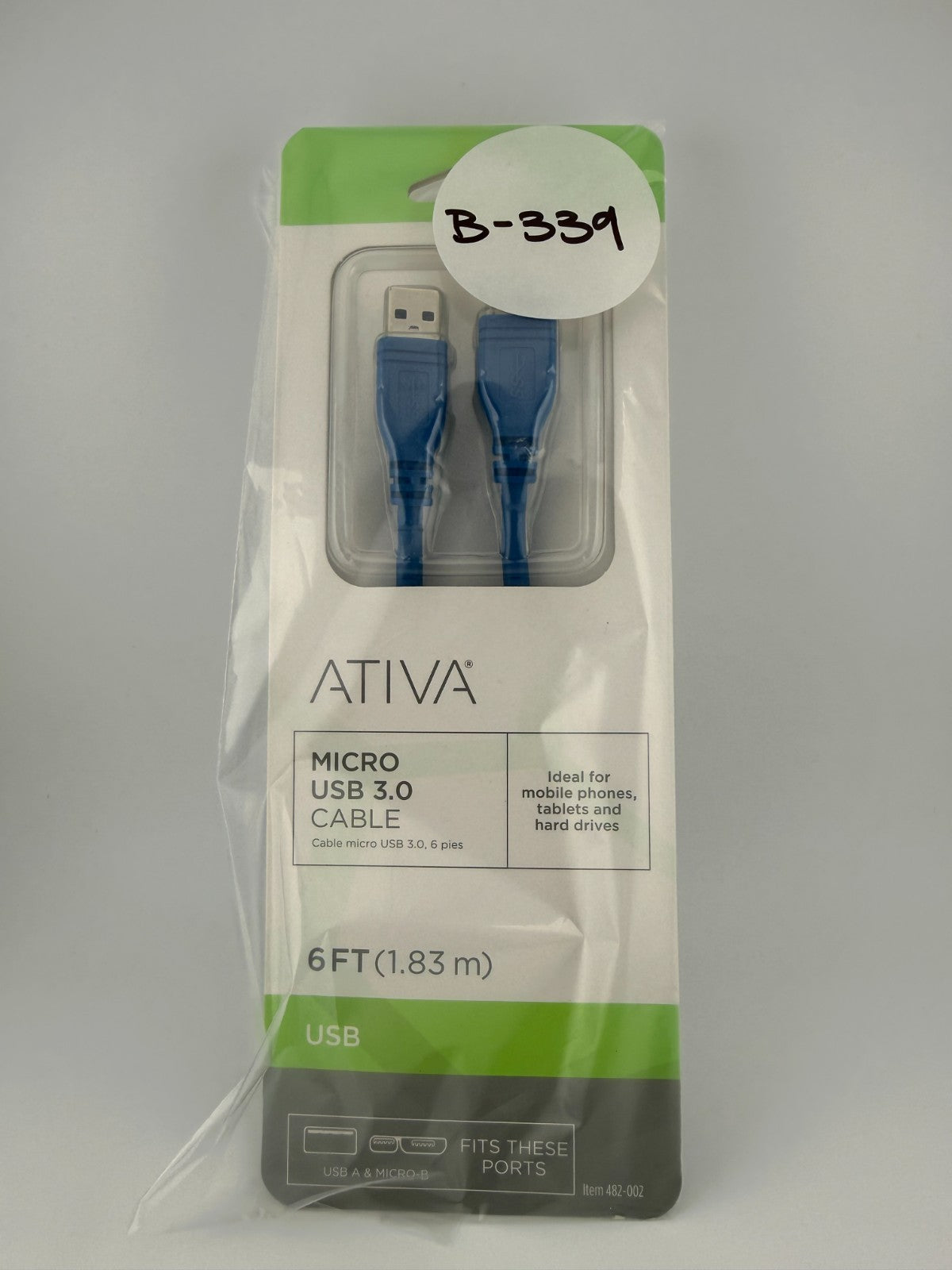 NEW Ativa Blue USB-A to Micro-B Charging Sync Hard Drive 6ft Micro USB 3.0 Cable