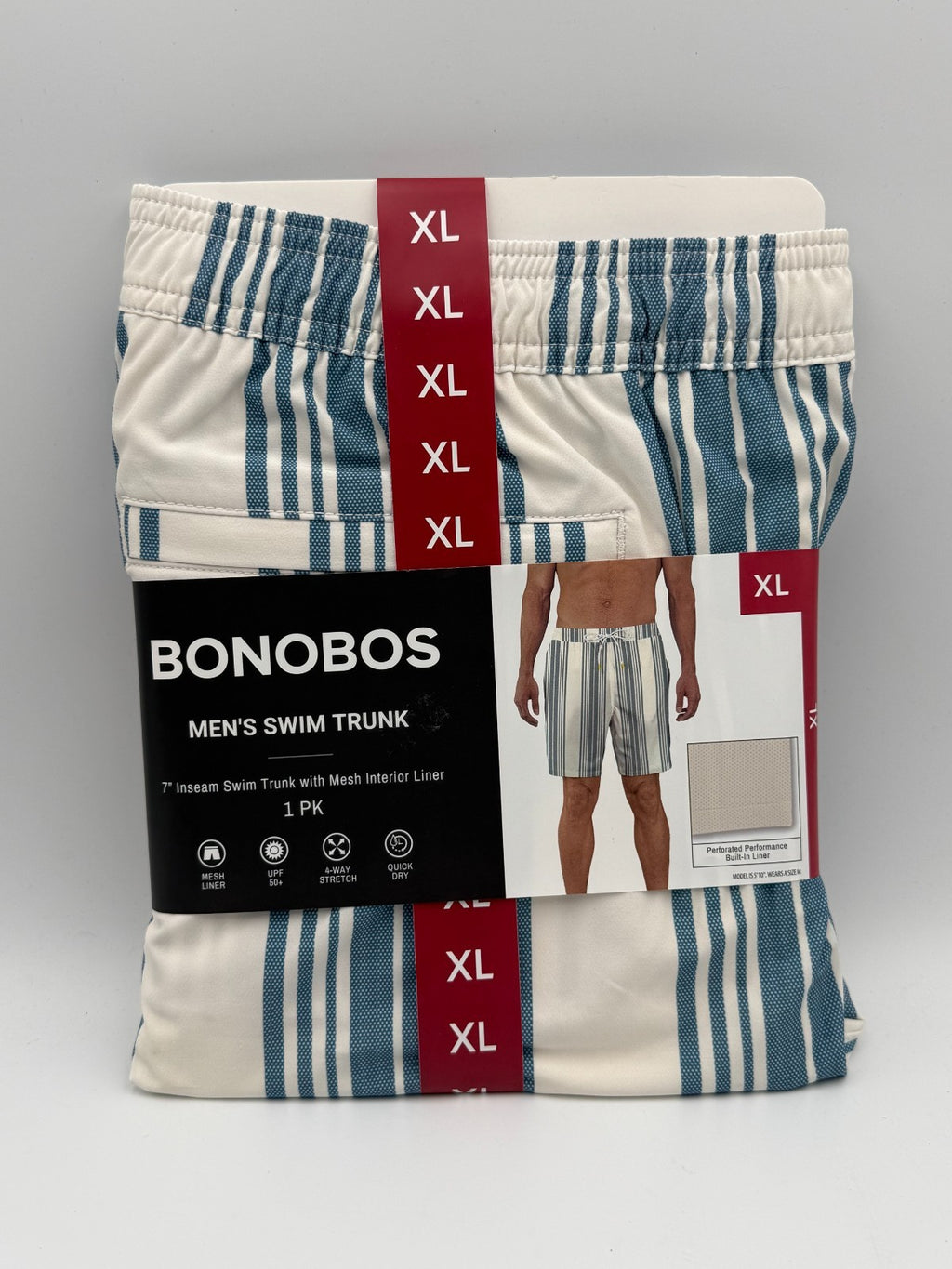 NWT Bonobos Swim Trunks Men's X-Large White Blue Striped Drawstring Summer Beach