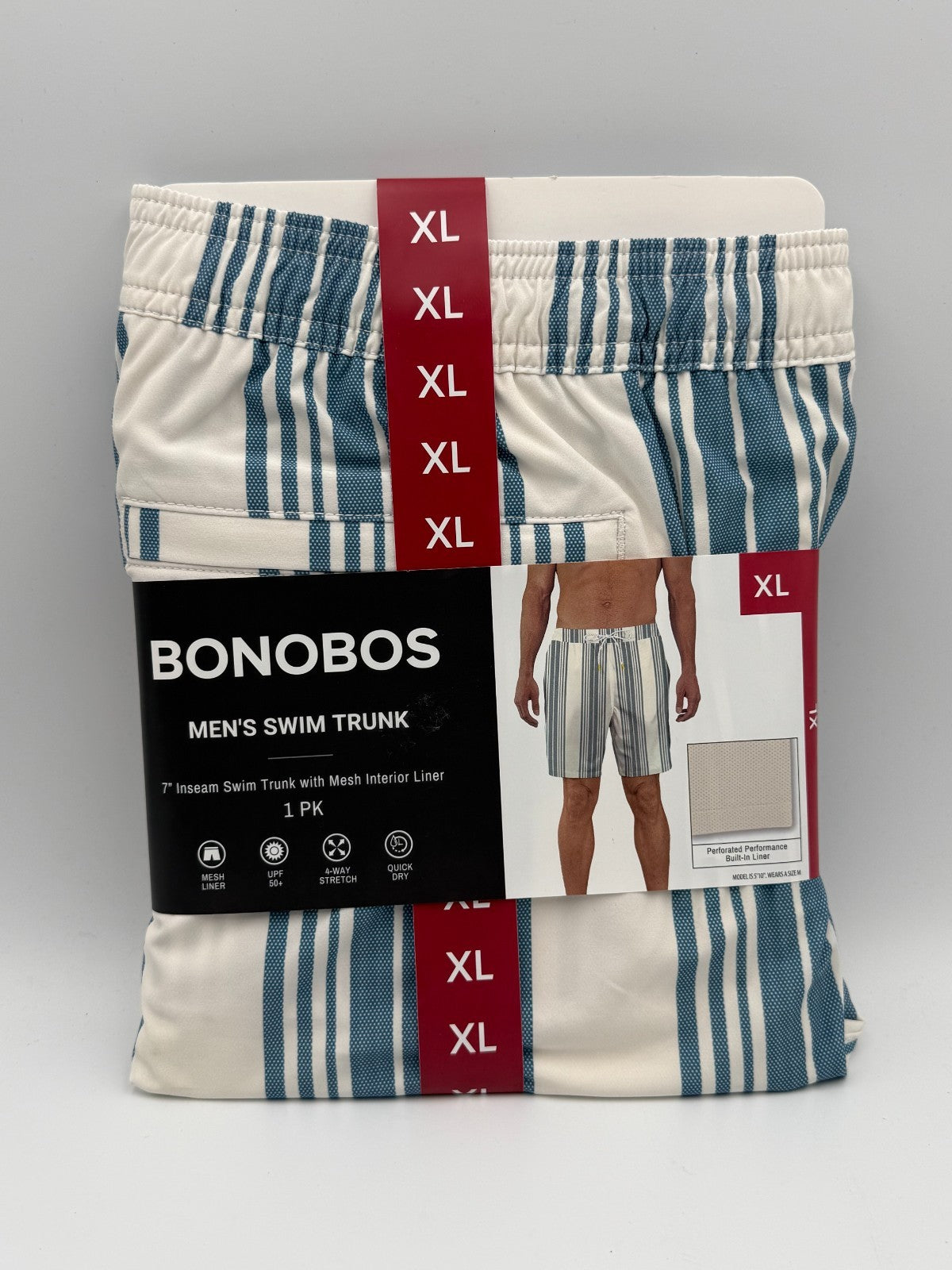 NWT Bonobos Swim Trunks Men's X-Large White Blue Striped Drawstring Summer Beach