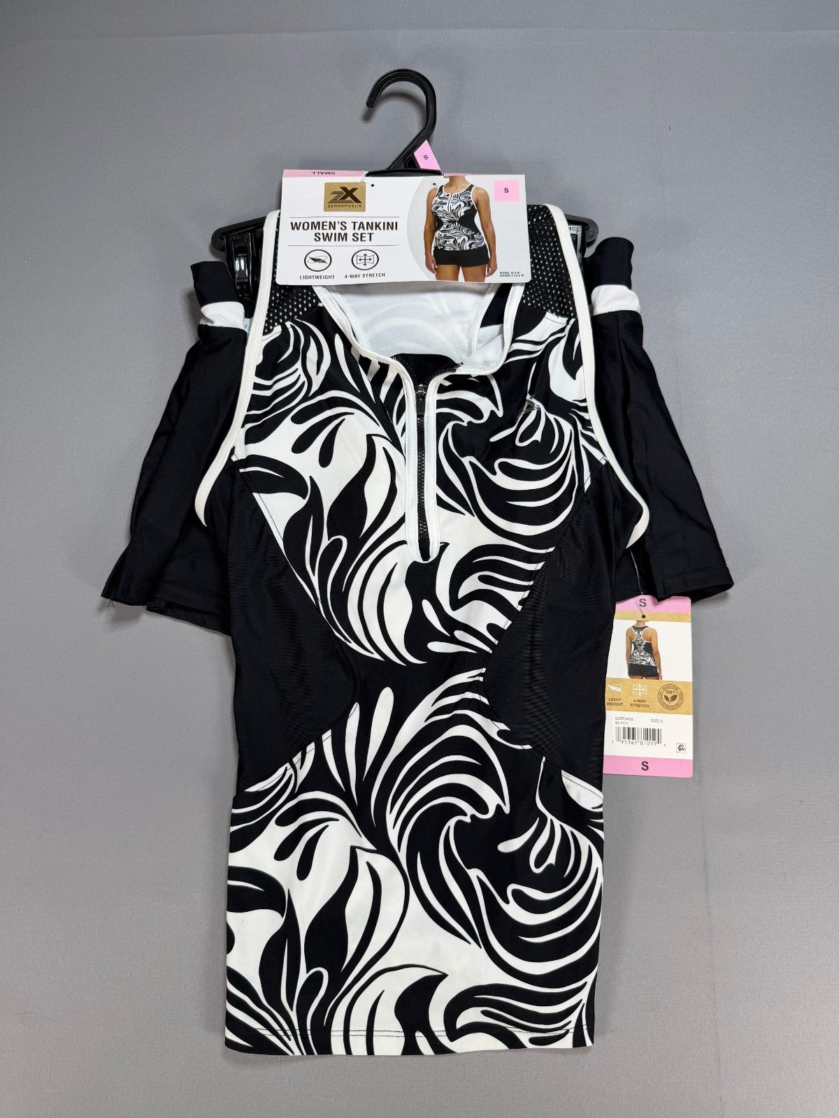 ZeroXposur Swirl Zip Front 2-Piece Tankini Swim Set Women's Small Black/White