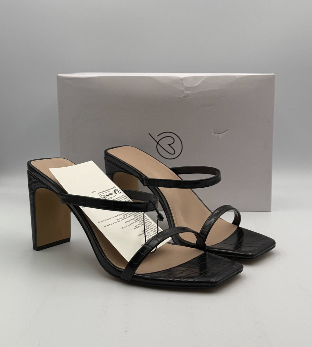 New The Drop Avery Two Strap Sandals Women 9 Black Crocodile Embossed High Heel