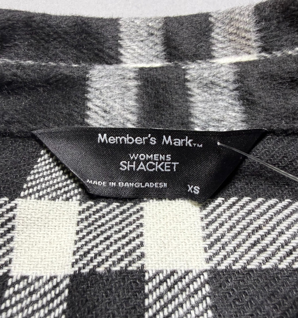 NWT Member's Mark Button-Front Plaid Shacket Women's XS Black/White Flap Pockets
