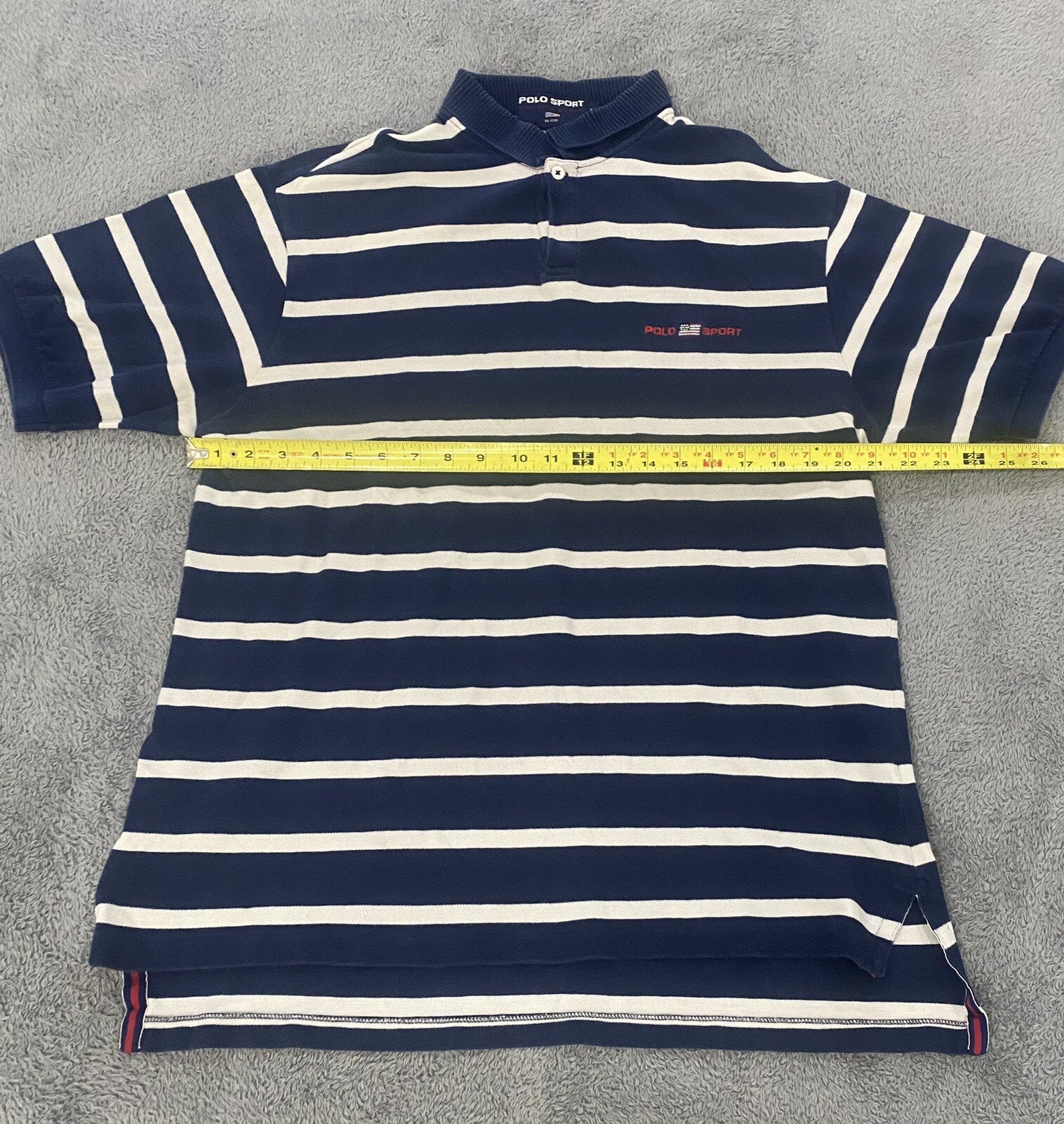 VINTAGE POLO RALPH LAUREN MEN'S LARGE Navy Blue White Stripes POLO SPORT Shirt