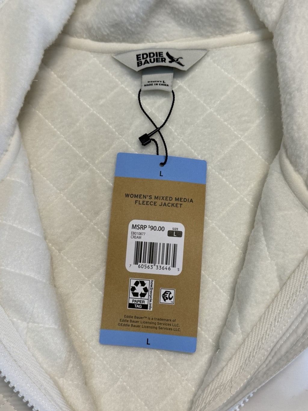 Eddie Bauer Mixed Media Fleece Jacket Women's Large White Cream Full Zip Casual