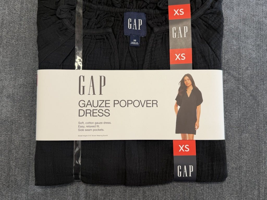 Gap Gauze Popover Dress Women's XS Black Short Sleeve Deep V-Neck 100% Cotton