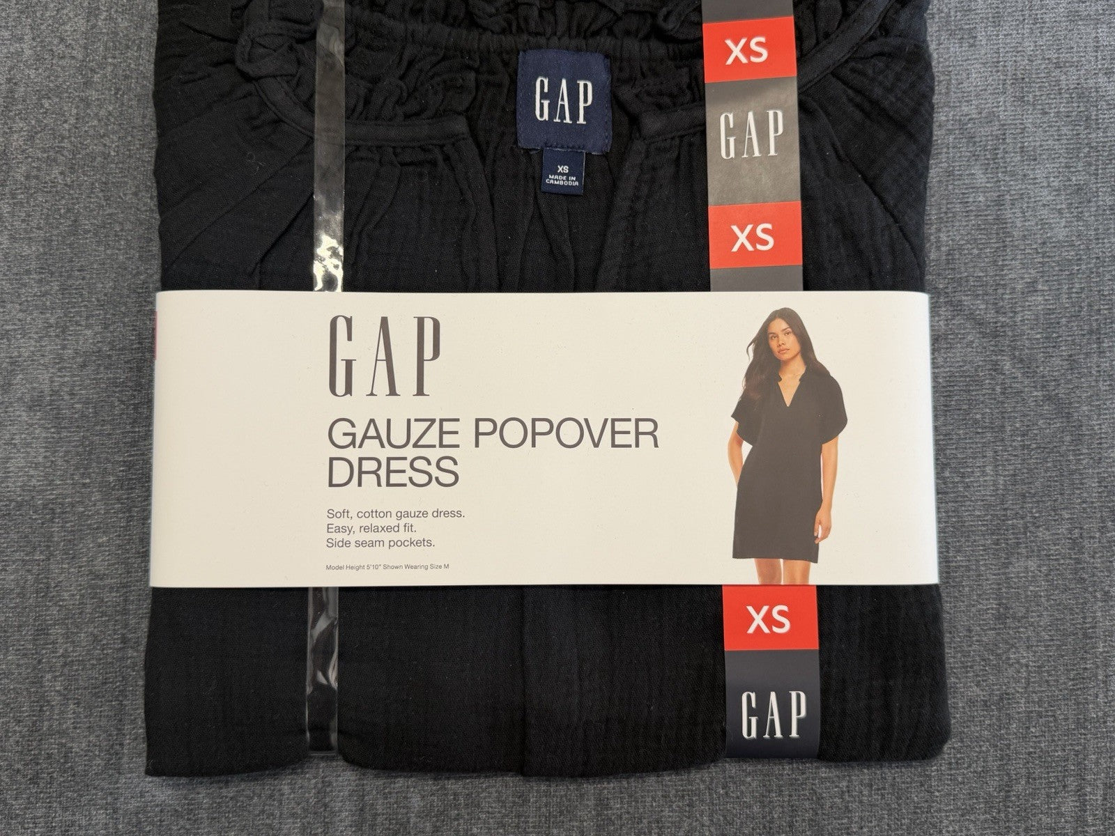 Gap Gauze Popover Dress Women's XS Black Short Sleeve Deep V-Neck 100% Cotton