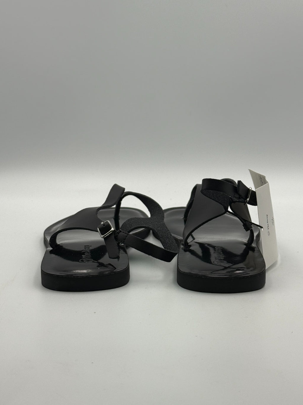 New The Drop Cinda Thong Sandals Women's 9 Black Leather Buckle Slingback Flat
