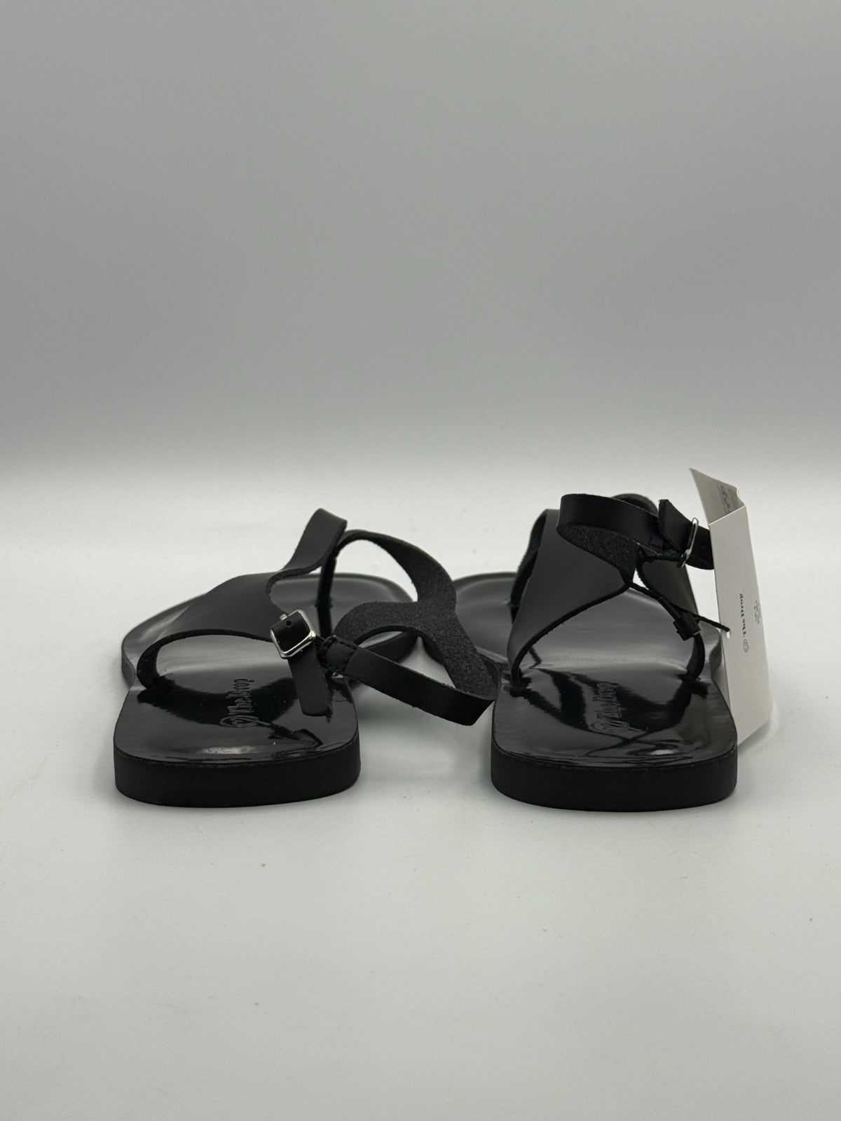 New The Drop Cinda Thong Sandals Women's 9 Black Leather Buckle Slingback Flat