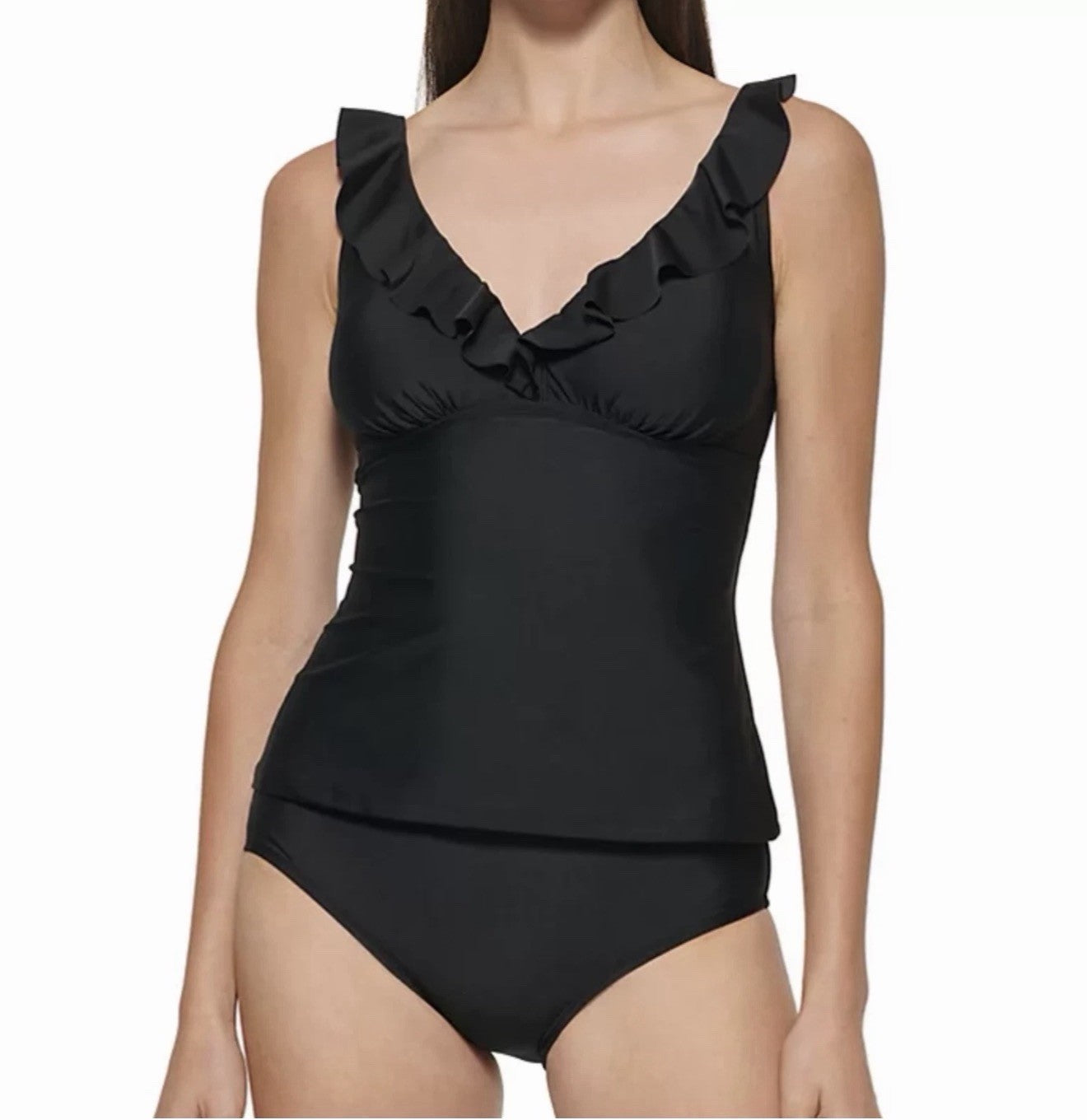 $118 DKNY 2-Pieces Ruffle Plunge Tankini Swimsuit Women's Small Black Sleeveless