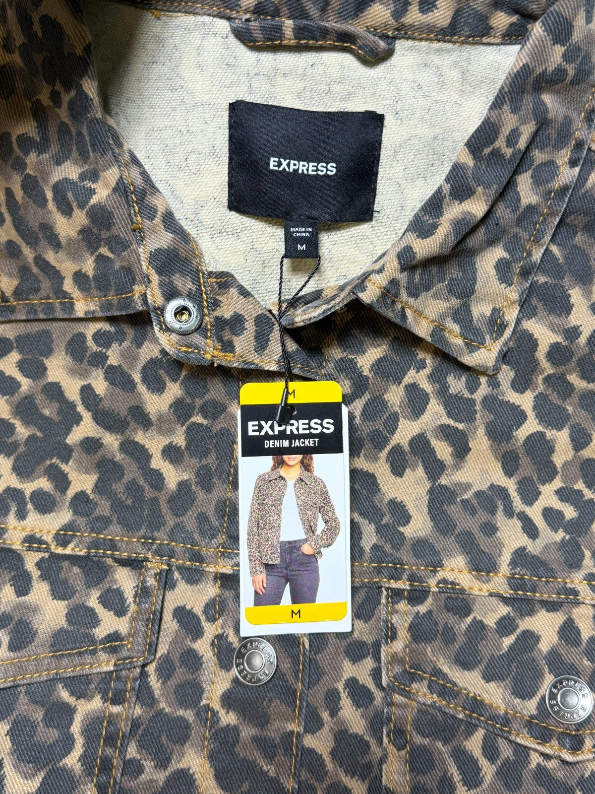 Express Lightweight Leopard Print Classic Denim Jacket Women's Medium Multicolor