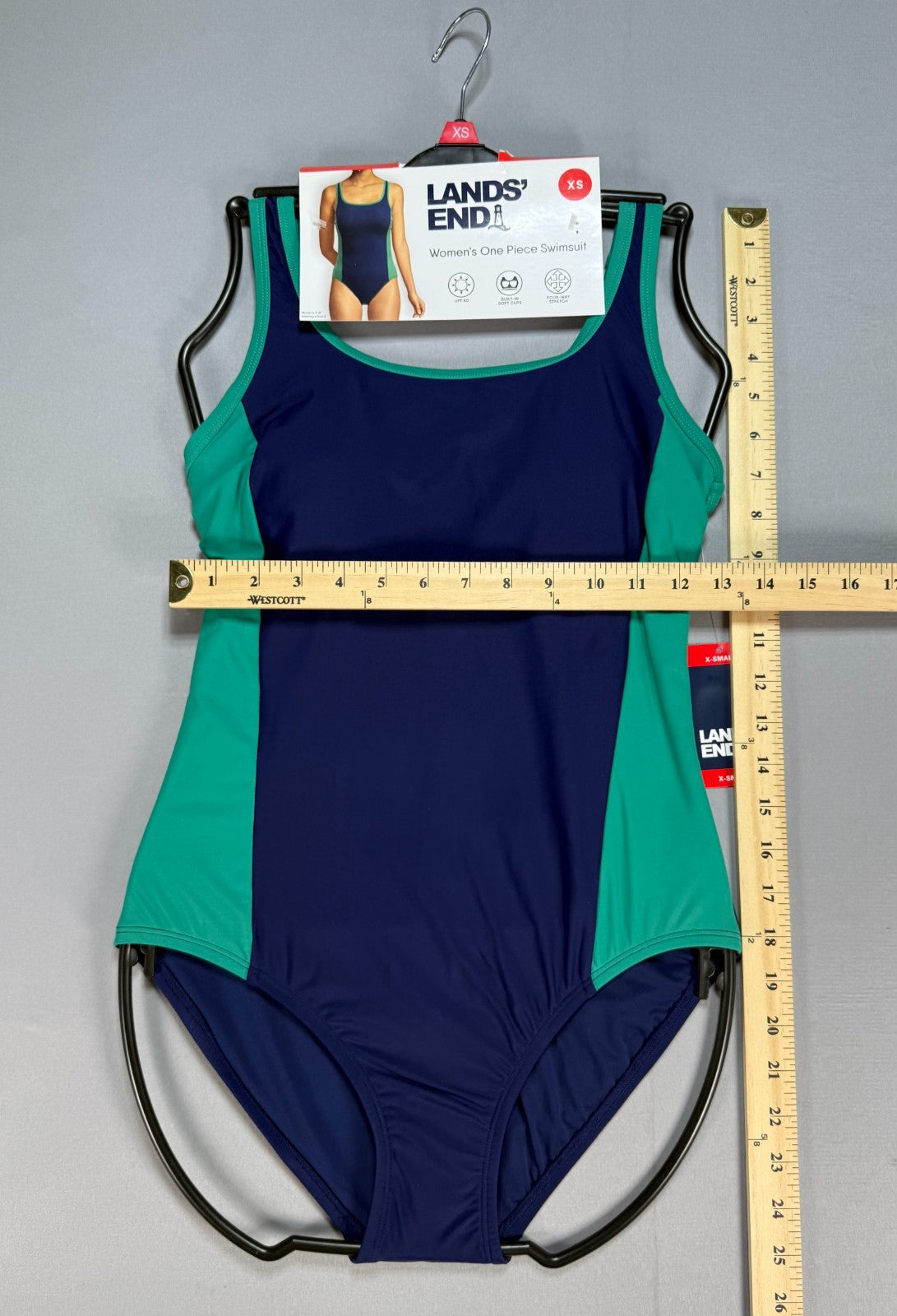 NWT Lands' End Fully Lined Scoop Neck One-Piece Swimsuit Women's XS Blue/Green