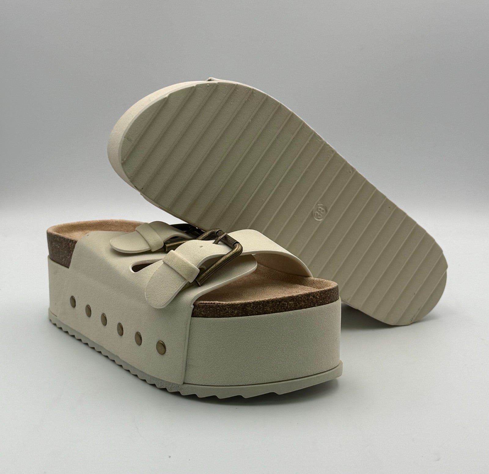 New Ziitop Double Buckle Flat Footbed Sandal Women's 7 Beige Leather Platform