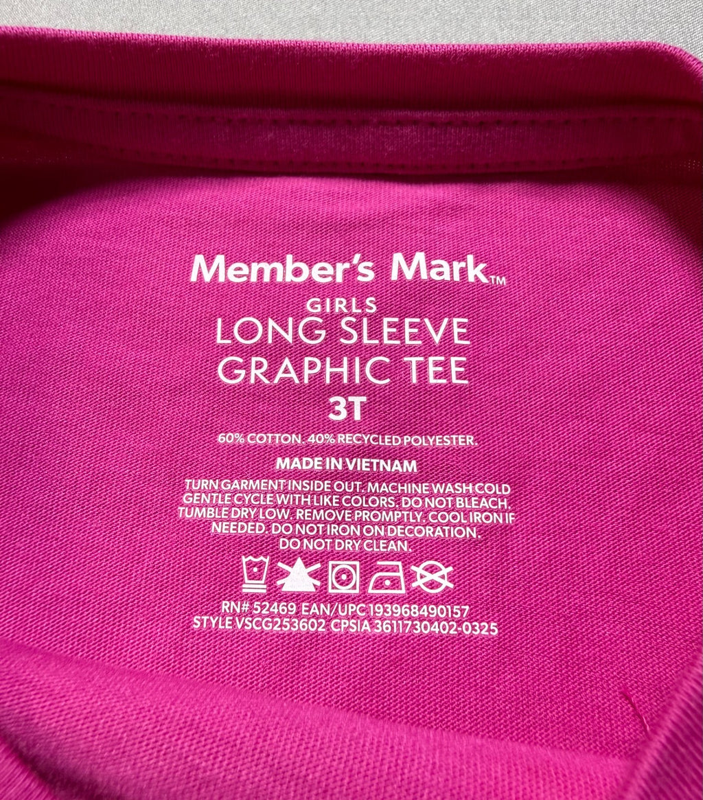 NWT Member's Mark Long Sleeve Graphic Tee Shirt Girls Baby 3T Crewneck Pullover