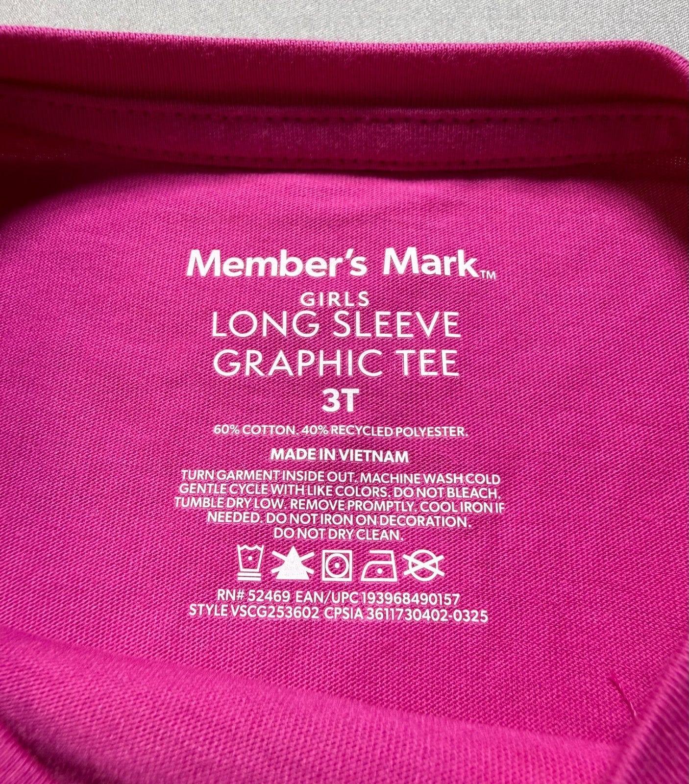 NWT Member's Mark Long Sleeve Graphic Tee Shirt Girls Baby 3T Crewneck Pullover