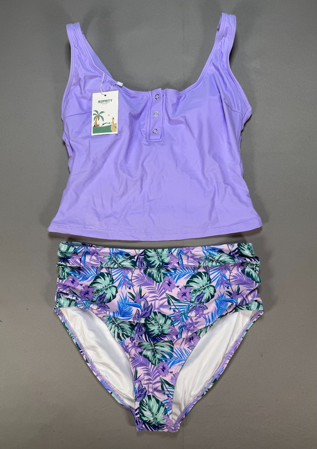 B2Prity Tankini Swimsuit Women's Medium Purple Tropical Floral Summer Beach