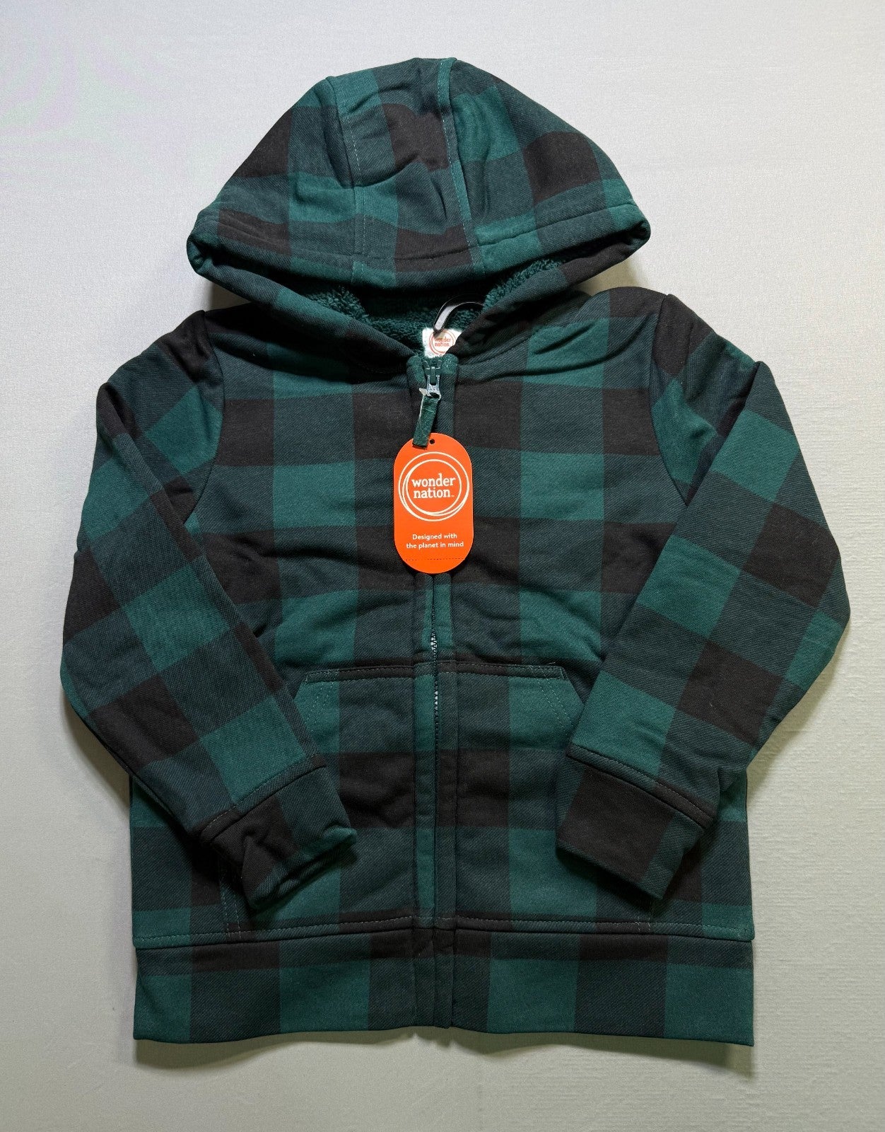 Wonder Nation Tough Fully Lined Zip Hoodie Kids Small (6-7) Green Smoke Plaid