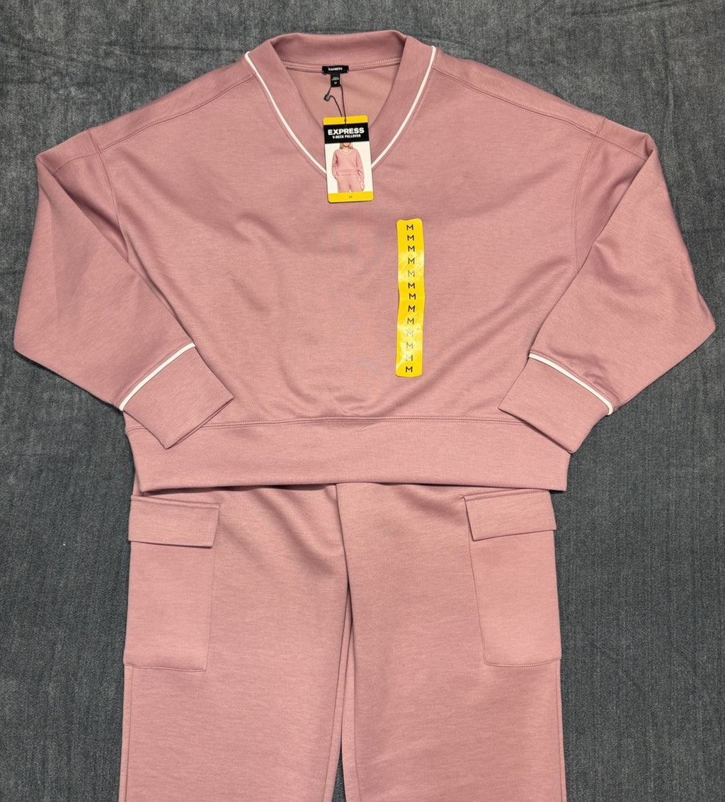 Express V Neck Pullover and Cargo Jogger Set Pink Women's Size Medium | NEW