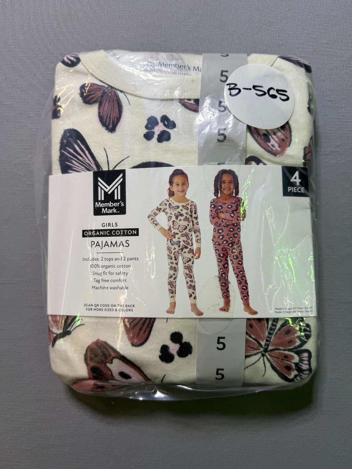 NWT Member's Mark Pajamas Set Girl 5 Multicolor Organic Cotton Comfort- Set Of 2