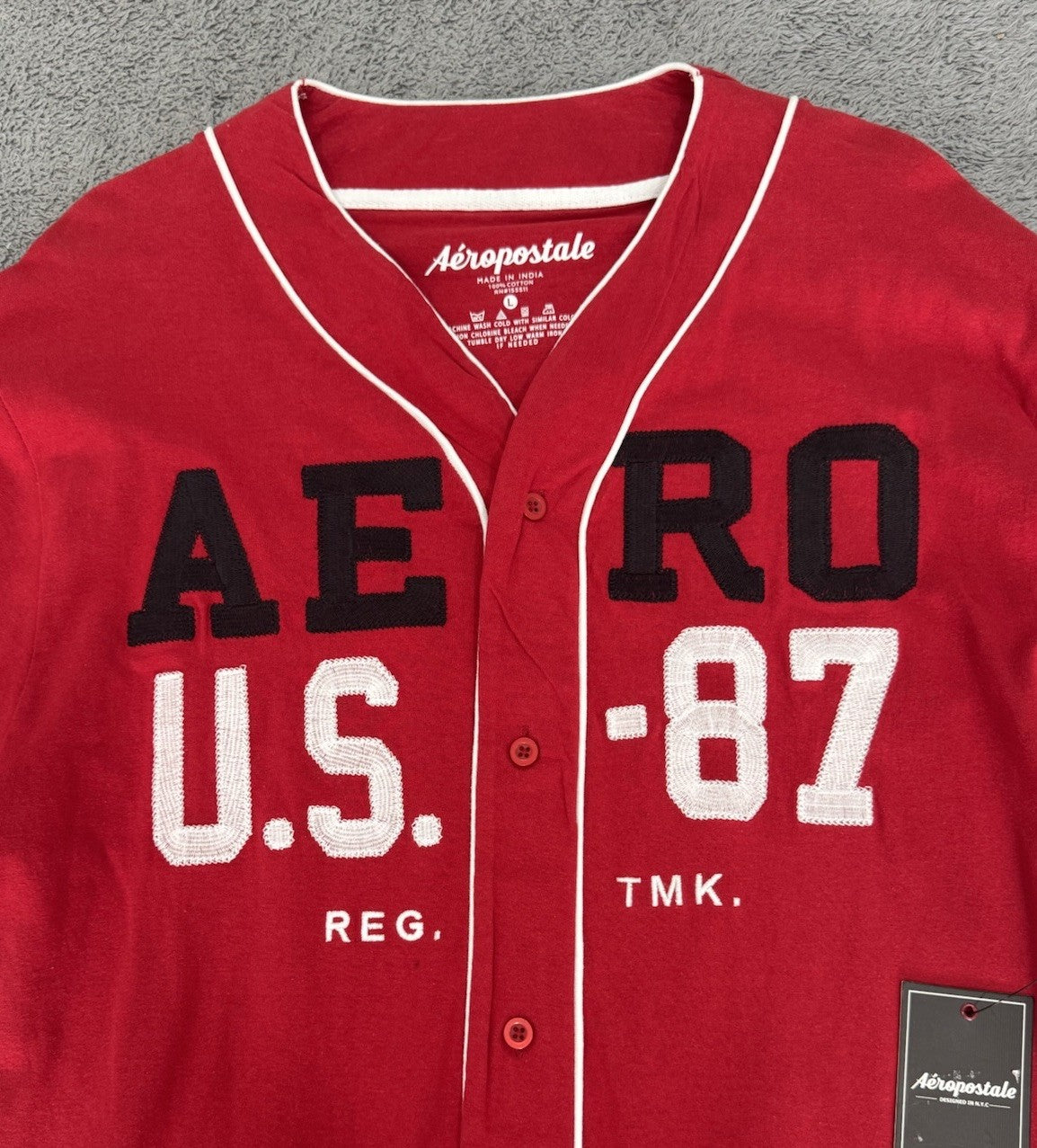 Aeropostale Button Up Baseball Sports Mens Size Large Red/ White Long Sleeve NWT