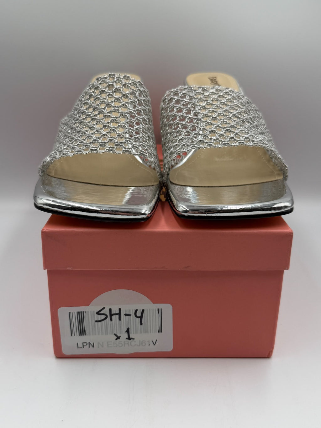 NWB Easyfox Square Toe Stiletto Heeled Slip-On Sandals Women 10 Silver Open Toe