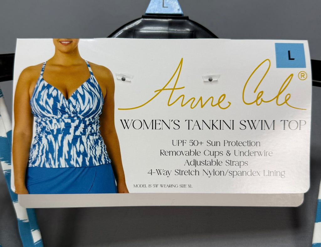 NWT Anne Cole Tankini Swim Top Womens Large Turquoise White UPF 50+ Summer Beach