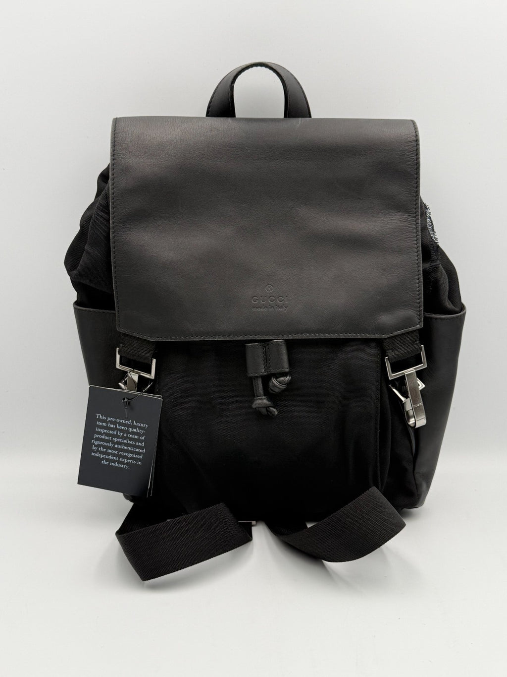Gucci Backpack Unisex Nylon Leather Black Embossed Logo Flap Drawstring Buckle