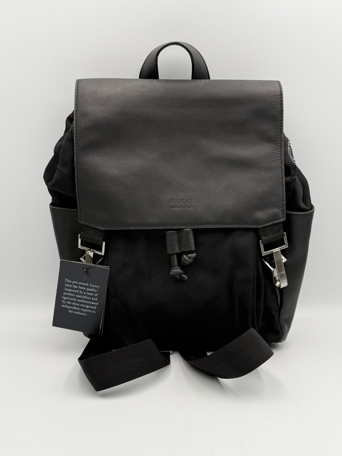 Gucci Backpack Unisex Nylon Leather Black Embossed Logo Flap Drawstring Buckle