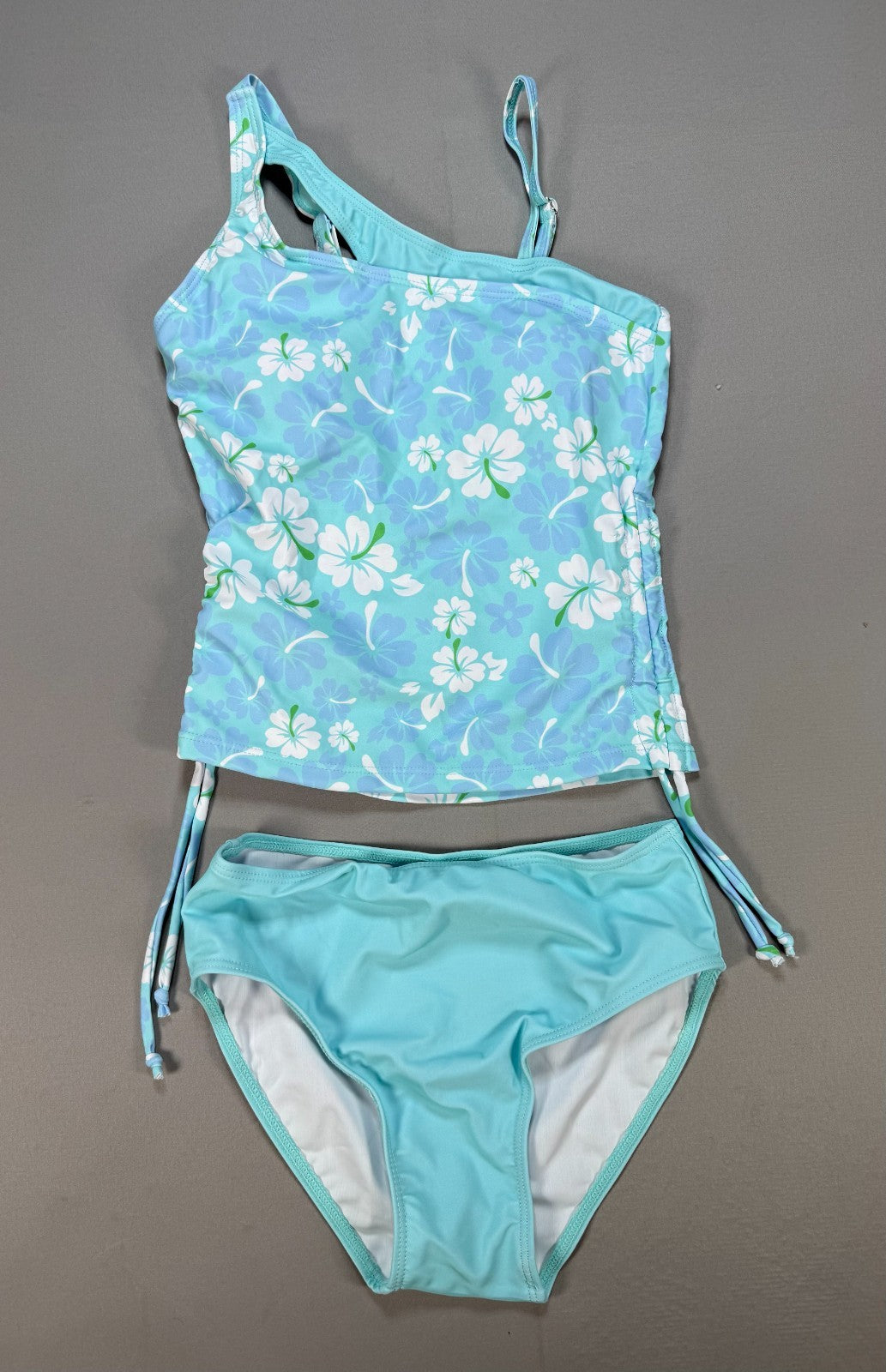 AGAPENG One Shoulder Two Piece Swimsuit Girls 9-10Y Blue Floral Print Tankini