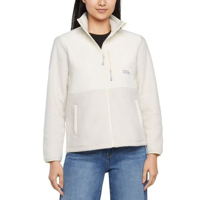 Eddie Bauer Mixed Media Fleece Jacket Women's Large White Cream Full Zip Casual