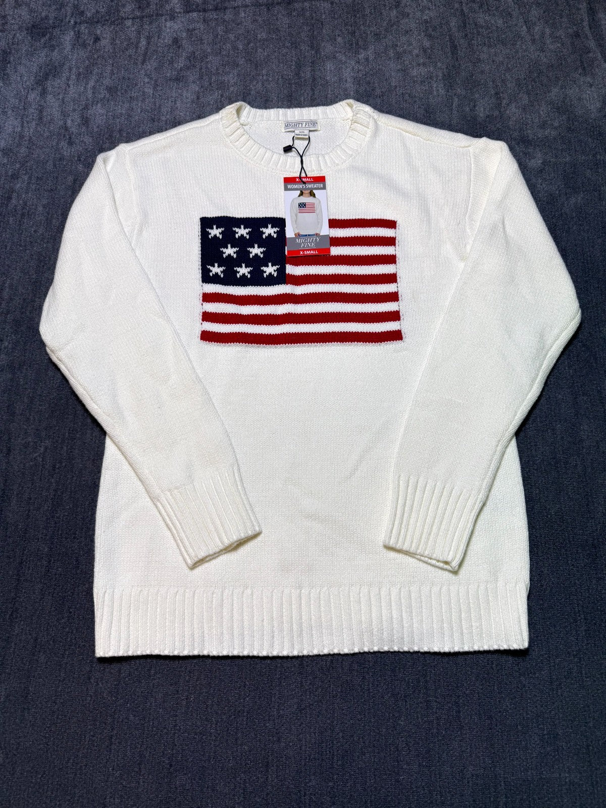 NWT Mighty Fine Americana Sweater Women's XS Cream Ribbed Trims Comfy Pullover