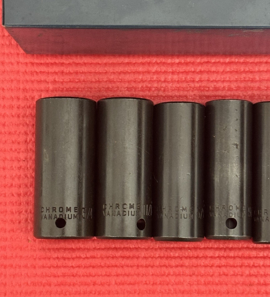 Vintage Chrome Vanadium 9 Pc 3/8" Drive Deep Impact Socket Set SAE W/Metal Case