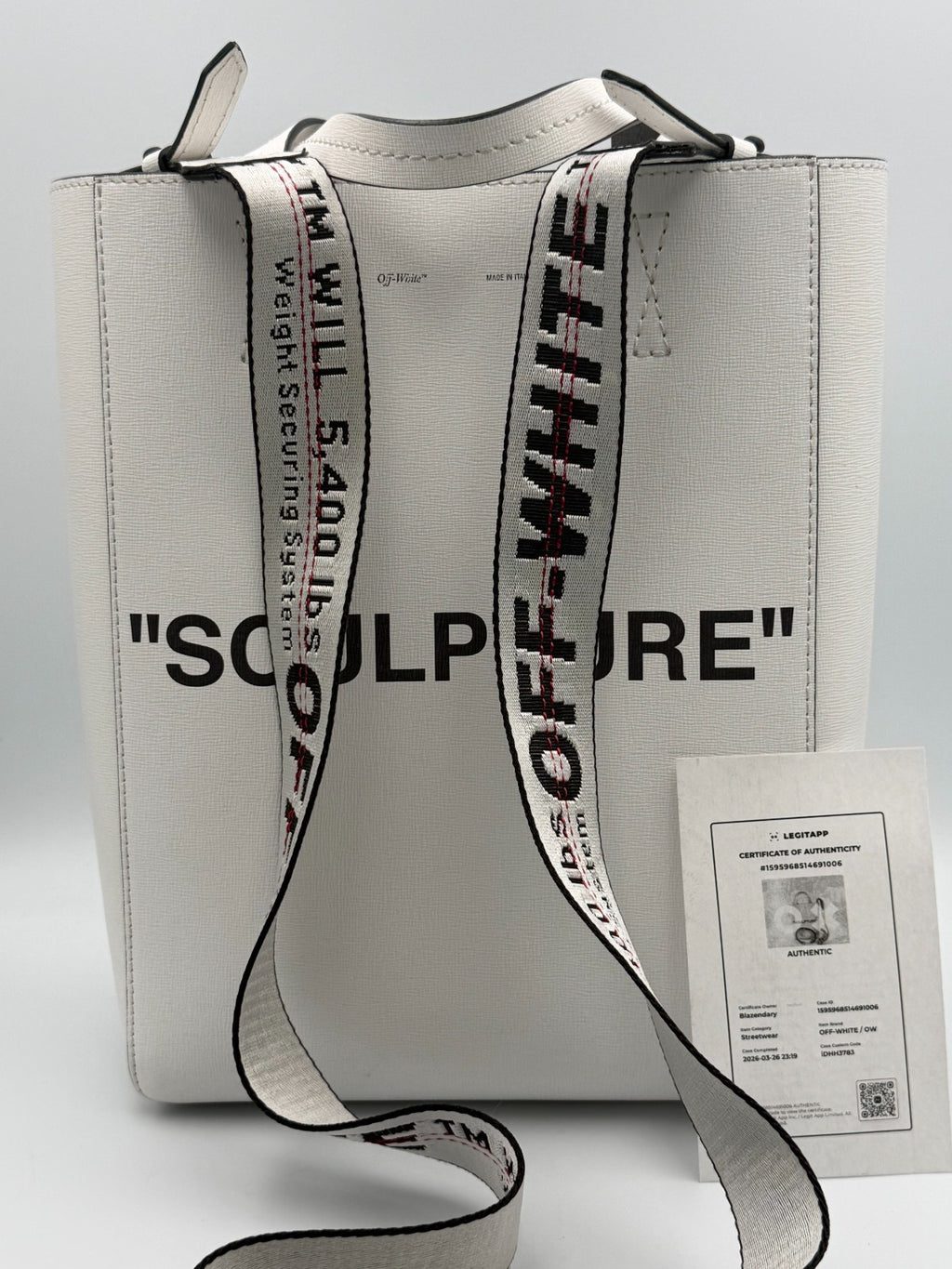 Off-White Sculpture Tote Bag Women White Leather Industrial Strap Luxury Handbag