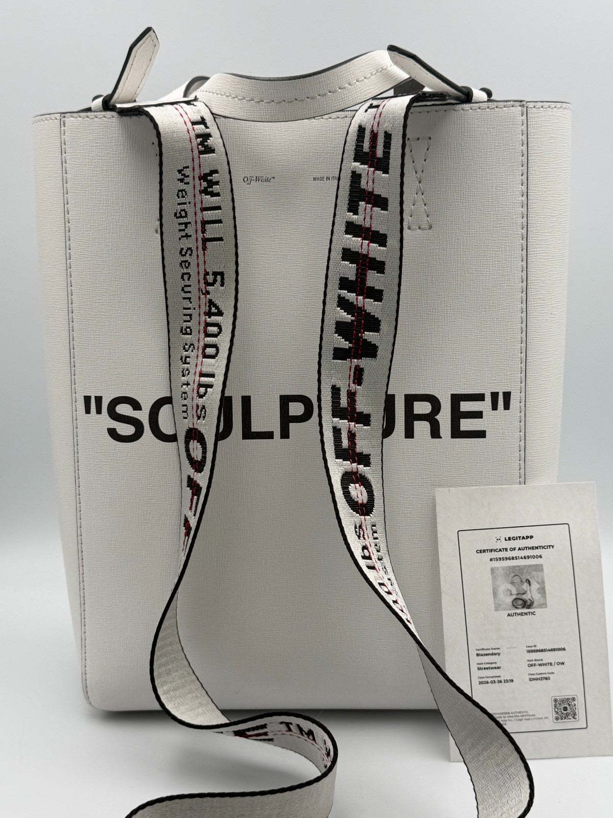 Off-White Sculpture Tote Bag Women White Leather Industrial Strap Luxury Handbag
