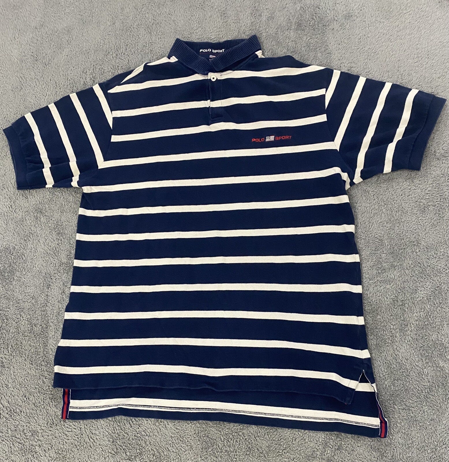 VINTAGE POLO RALPH LAUREN MEN'S LARGE Navy Blue White Stripes POLO SPORT Shirt