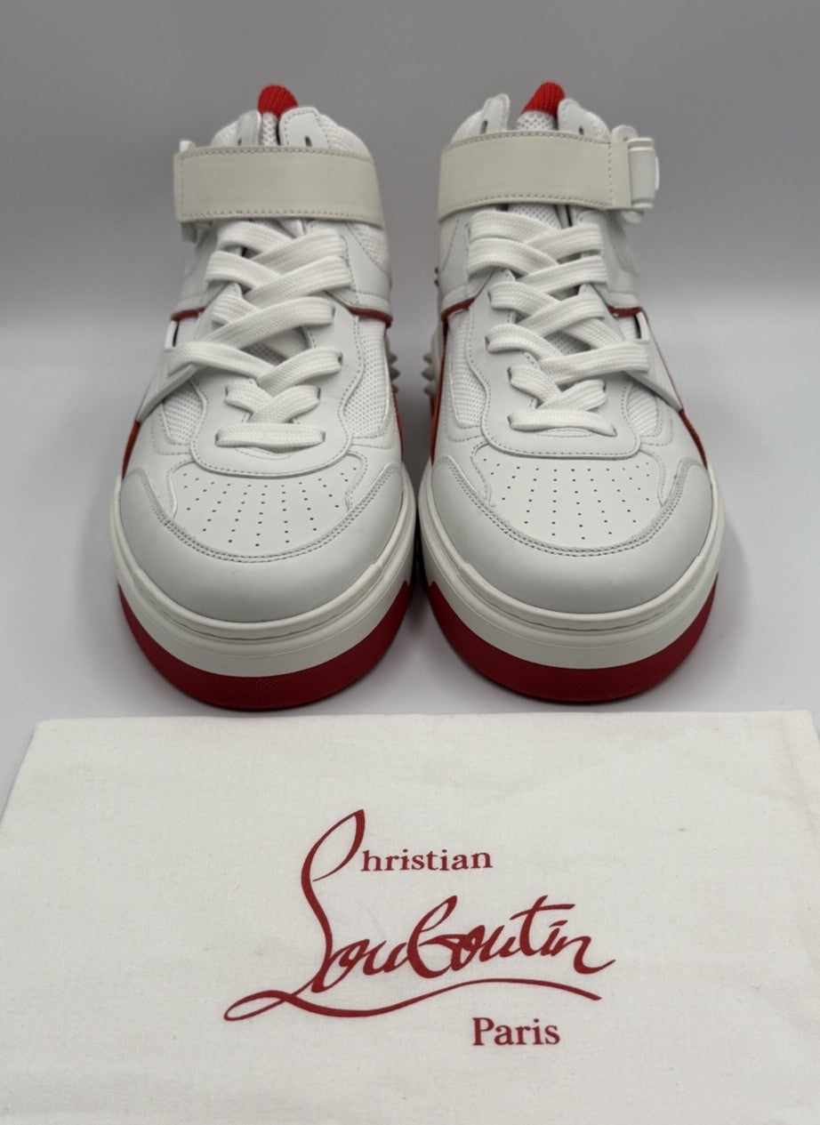 CHRISTIAN LOUBOUTIN White Red Astroloubi Spike Mid Top Sneakers 41.5 EU; 8.5 US