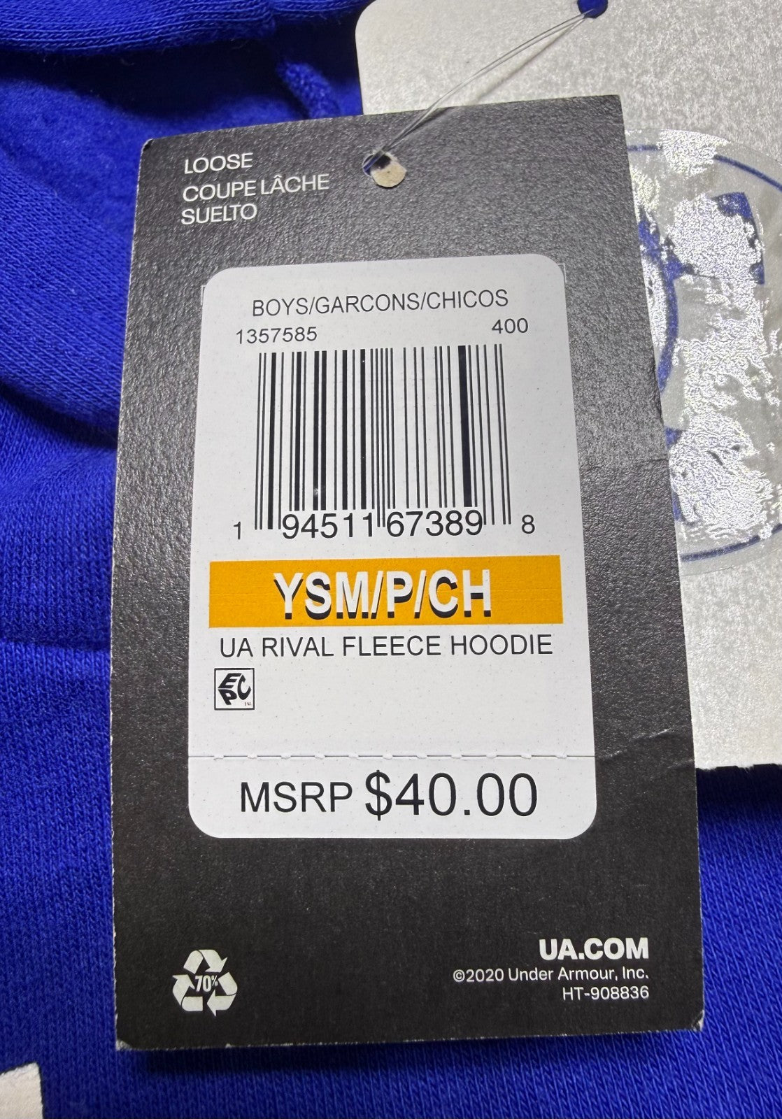 NWT Under Armour Rival Fleece Hoodie Boys Youth Small Blue Logo Ribbed Cuffs